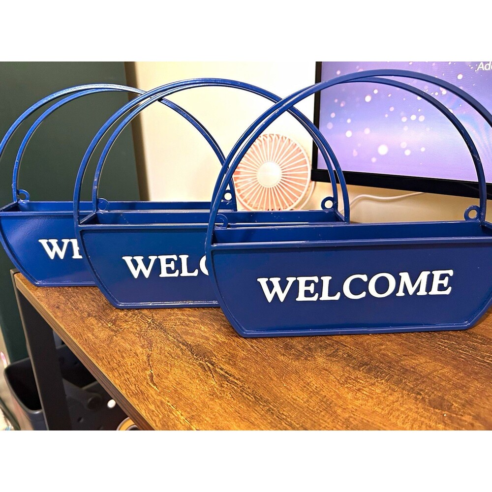 Blue & White Metal "WELCOME" Decorative Planter/Basket with Handle